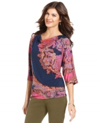 A bright paisley-inspired print enlivens this Jones New York Signature top. Perk up casual days by pairing it with colored jeans! A bright paisley-inspired print enlivens this Jones New York Signature top. Perk up casual days by pairing it with colored jeans!
