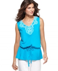 Anything but basic, Jones New York Signature's tank top features a drawstring waist and beautiful embroidery at the neckline, for casual chicness. Anything but basic, Jones New York Signature's tank top features a drawstring waist and beautiful embroidery at the neckline, for casual chicness.