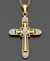 A sparkling symbol of love and spirituality. Cross pendant in 14k gold with round-cut diamond accents. Approximate length: 18 inches. Approximate drop: 1 inch.