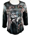 Cactus Fashion 3/4 Sleeve, Rhinestone Studded, Artfully Printed, Western Themed Cotton Black & Aqua Colored Top - Rodeo Girl