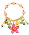 Declare your love for nature in a not-so-subtle way. Betsey Johnson's funky bracelet features a fresh mix of pink and yellow flowers combined with ladybug, crystal and heart charms. Crafted in gold-plated mixed metal with pink and clear faceted beads. Bracelet stretches to fit wrist. Approximate diameter: 2-1/4 inches.