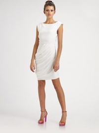 An updated boatneck sheath, softly gathered from waist-to-hem and styled with a sheer chiffon back.BoatneckExtended shouldersSleevelessTop-fit bodiceSet-in waistCenter back zipperAbout 21 from natural waist52% viscose/43% rayon/5% LycraDry cleanImportedModel shown is 5'10 (177cm) wearing US size 4. An updated boatneck sheath, softly gathered from waist-to-hem and styled with a sheer chiffon back.BoatneckExtended shouldersSleevelessTop-fit bodiceSet-in waistCenter back zipperAbout 21 from natural waist52% viscose/43% rayon/5% LycraDry cleanImportedModel shown is 5'10 (177cm) wearing US size 4.