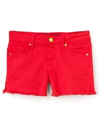 Short shorts for a long summer. The garment dyed cut offs sport a frayed hem and classic 5-pocket jean styling. Short shorts for a long summer. The garment dyed cut offs sport a frayed hem and classic 5-pocket jean styling.