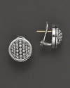 Silver framed signature cavier bead, circle stud earring. Post with clip back for pierced ears. Designed by Lagos.