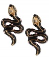 It's love at first bite. These stud earrings from Betsey Johnson are crafted from black gold-tone mixed metal with glass crystal accents adding a vibrant touch to the snake motif. Approximate drop: 1 inch.