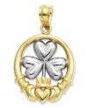 A touch of Celtic inspiration. This symbolic Claddagh and shamrock charm is crafted in polished 14k gold and sterling silver with a pretty cut-out design. Chain not included. Approximate length: 1 inch. Approximate width: 3/5 inch.