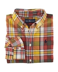 The epitome of preppy style, a classic long-sleeved button-down shirt is crafted in light-as-air cotton with a heritage madras print for a handsome finish. The epitome of preppy style, a classic long-sleeved button-down shirt is crafted in light-as-air cotton with a heritage madras print for a handsome finish.