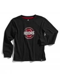 He won't have to let his style go cold with this long-sleeve t-shirt from adidas, with a logo graphic on front to keep it cool. He won't have to let his style go cold with this long-sleeve t-shirt from adidas, with a logo graphic on front to keep it cool.