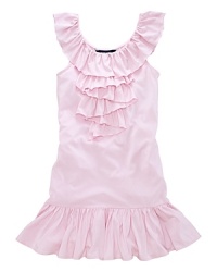 A comfortable drop-waist dress in a soft cotton blend is finished with ruffles for a preppy look. A comfortable drop-waist dress in a soft cotton blend is finished with ruffles for a preppy look.