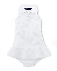 The classic cotton mesh polo dress is given a sweet warm-weather look in a sleeveless silhouette with a cute eyelet skirt. The classic cotton mesh polo dress is given a sweet warm-weather look in a sleeveless silhouette with a cute eyelet skirt.