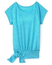 A wide banded hem with a tie at the side adds an 80's appeal to Aqua's cute striped top. A wide banded hem with a tie at the side adds an 80's appeal to Aqua's cute striped top.