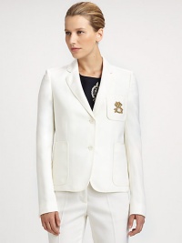 A classic menswear-inspired silhouette, accented with an elegant, embroidered monogram breast pocket.Notched lapelsMonogram embroideryButton closurePatch pocketsBack ventAbout 23 from shoulder to hemWoolDry cleanMade in Italy of imported fabricModel shown is 5'11 (180cm) wearing US size 4. Additional Information Women's Premier Designer & Contemporary Size Guide A classic menswear-inspired silhouette, accented with an elegant, embroidered monogram breast pocket.Notched lapelsMonogram embroideryButton closurePatch pocketsBack ventAbout 23 from shoulder to hemWoolDry cleanMade in Italy of imported fabricModel shown is 5'11 (180cm) wearing US size 4. Additional Information Women's Premier Designer & Contemporary Size Guide