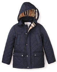 Little ones will stay warm in classic style with this timeless Burberry jacket, complete with plenty of pockets for stashing tiny winter treasures. Little ones will stay warm in classic style with this timeless Burberry jacket, complete with plenty of pockets for stashing tiny winter treasures.