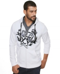 This hoodie by Mark Ecko Cut & Sew with unique faux leather detail on front makes this a fashion standout. This hoodie by Mark Ecko Cut & Sew with unique faux leather detail on front makes this a fashion standout.