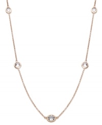 Layer yourself with inches of sparkle. This delicate necklace is crafted in 14k rose gold over sterling silver, with round-cut white topaz stations (9 ct. t.w.). Approximate length: 36 inches. Layer yourself with inches of sparkle. This delicate necklace is crafted in 14k rose gold over sterling silver, with round-cut white topaz stations (9 ct. t.w.). Approximate length: 36 inches.