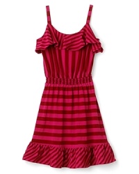 Nautical-inspired stripes meet sweet ruffle detailing at the neck and hem for an easy, sleeveless party dress. Nautical-inspired stripes meet sweet ruffle detailing at the neck and hem for an easy, sleeveless party dress.