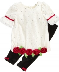 Precious and sweet roses adorn this lovely top & legging set by Bonnie Baby. Precious and sweet roses adorn this lovely top & legging set by Bonnie Baby.