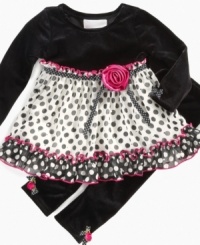 Delightful solid tunic with polka dot skirt and ruffles by Bonnie Baby. The set also includes matching leggings with rose details on the ankles. Delightful solid tunic with polka dot skirt and ruffles by Bonnie Baby. The set also includes matching leggings with rose details on the ankles.