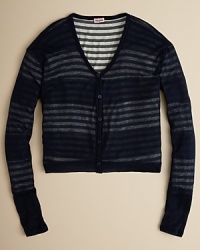 Faded stripes and a solid striped lining give this cute cardigan an inside-out look that pairs perfectly with her favorite jeans or skirt. Faded stripes and a solid striped lining give this cute cardigan an inside-out look that pairs perfectly with her favorite jeans or skirt.