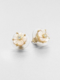 A petite and feminine, mother-of-pearl design accented with sparkling rhinestones.Mother-of-pearlGlass stonesGoldtoneSize, about .7Post backImported A petite and feminine, mother-of-pearl design accented with sparkling rhinestones.Mother-of-pearlGlass stonesGoldtoneSize, about .7Post backImported