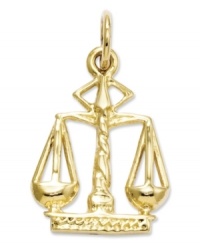 The perfect gift for the aspiring lawyer or judge, this symbolic scales of justice charm is crafted in polished 14k gold. Chain not included. Approximate length: 4/5 inch. Approximate width: 1/2 inch. The perfect gift for the aspiring lawyer or judge, this symbolic scales of justice charm is crafted in polished 14k gold. Chain not included. Approximate length: 4/5 inch. Approximate width: 1/2 inch.
