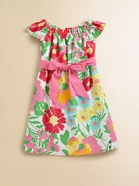 She'll be inspired to tiptoe through the tulips in this brilliant cotton shift with perky flowers, ants and flutter sleeves for fun in the sun.Shirred boatneckFlutter sleevesPullover styleElastic waist with removable sashCottonMachine washImported She'll be inspired to tiptoe through the tulips in this brilliant cotton shift with perky flowers, ants and flutter sleeves for fun in the sun.Shirred boatneckFlutter sleevesPullover styleElastic waist with removable sashCottonMachine washImported