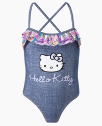 Dive in with the denim looks of this one piece swimsuit from Hello Kitty, a cool, laid-back style. Dive in with the denim looks of this one piece swimsuit from Hello Kitty, a cool, laid-back style.