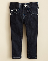 True Religion renders your baby boy's jean with a signature style, featuring heavy topstitching and back flap pockets with horseshoe embroidery detail. True Religion renders your baby boy's jean with a signature style, featuring heavy topstitching and back flap pockets with horseshoe embroidery detail.