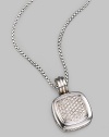From the Albion Collection. A squared, cushion-shaped pendant of sterling silver and 18kt white gold dazzles with the shimmer of pavé diamonds. Diamonds, 0.806 tcw Sterling silver About ½ square Imported Please note: Necklace sold separately.