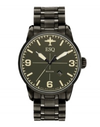 Soar with precision with this dusky watch from ESQ by Movado. Crafted of dark gray PVD-finished stainless steel bracelet and round case. Aviation-inspired dial with applied stick indices, numerals at three, six and nine o'clock, date window at four o'clock, three hands and plane logo at twelve o'clock. Swiss quartz movement. Water resistant to 50 meters. Two-year limited warranty. Soar with precision with this dusky watch from ESQ by Movado. Crafted of dark gray PVD-finished stainless steel bracelet and round case. Aviation-inspired dial with applied stick indices, numerals at three, six and nine o'clock, date window at four o'clock, three hands and plane logo at twelve o'clock. Swiss quartz movement. Water resistant to 50 meters. Two-year limited warranty.