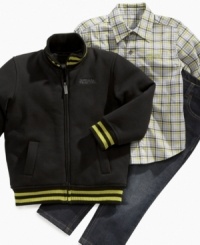 He'll be casually debonair in this matching 3-piece set from Kenneth Cole. He'll be casually debonair in this matching 3-piece set from Kenneth Cole.