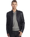 Join the army of style with this sleek faux leather military blazer by Kenneth Cole Reaction.