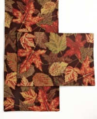 All fall now. The rich tapestry of leaves in this Beautiful Autumn table runner exudes a crisp, cool air. Shades of burgundy, green and gold in chestnut brown create an of-the-season setting at any casual table. From Windham Weavers. (Clearance)