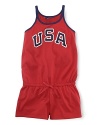 A red, white and blue design with USA patching gives a preppy, all-American look to a pretty warm-weather romper in celebration of Team USA's participation in the 2012 Olympics.