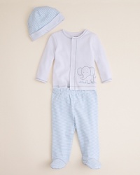 Everything your little one needs for his first days and weeks, this beautifully embroidered elephant-theme hat, shirt and footie set sends him off in style. Everything your little one needs for his first days and weeks, this beautifully embroidered elephant-theme hat, shirt and footie set sends him off in style.