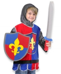 A fabric tunic, a chain mail helmet, and durable foam sword and shield will transform your young adventurer into a valiant knight! With authentic medieval details, these accessories encourage lots of exciting pretend play. A fabric tunic, a chain mail helmet, and durable foam sword and shield will transform your young adventurer into a valiant knight! With authentic medieval details, these accessories encourage lots of exciting pretend play.