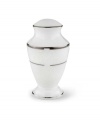 This elegant salt shaker is accented with a delicate flourish of vine-like, white-on-white imprints with raised, iridescent enamel dots. From Lenox's dinnerware and dishes collection.