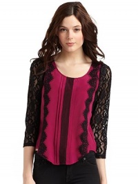 THE LOOKRound necklinePullover styleLong lace sleevesLace detailsPleated front with mesh detailTHE FITAbout 22 from shoulder to hemTHE MATERIALSilkCARE & ORIGINDry clean ImportedModel shown is 5'9½ (176cm) wearing US size 4. THE LOOKRound necklinePullover styleLong lace sleevesLace detailsPleated front with mesh detailTHE FITAbout 22 from shoulder to hemTHE MATERIALSilkCARE & ORIGINDry clean ImportedModel shown is 5'9½ (176cm) wearing US size 4.