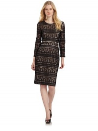 THE LOOKDelicate lace overlayContrast piped waistband¾ sleevesContrast under layerExposed back zipperTHE FITAbout 41 from shoulder to hemTHE MATERIAL60% rayon/40% nylonCARE & ORIGINDry cleanMade in USAModel shown is 5'10 (177cm) wearing US size 4. THE LOOKDelicate lace overlayContrast piped waistband¾ sleevesContrast under layerExposed back zipperTHE FITAbout 41 from shoulder to hemTHE MATERIAL60% rayon/40% nylonCARE & ORIGINDry cleanMade in USAModel shown is 5'10 (177cm) wearing US size 4.