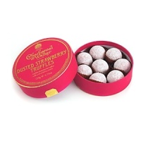 Lightly dusted pink truffles with a strawberry center giving a delicious wild strawberry flavor. Lightly dusted pink truffles with a strawberry center giving a delicious wild strawberry flavor.
