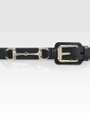 Square buckle with horsebit detail on a leather strap. Light gold hardware About 1 wide Made in Italy 