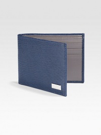 Single fold wallet crafted in Italy from stamped calfskin leather with silver logo ornament.Two bill compartmentsSix card slotsLeather5W x 4HMade in Italy Single fold wallet crafted in Italy from stamped calfskin leather with silver logo ornament.Two bill compartmentsSix card slotsLeather5W x 4HMade in Italy