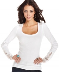 Sheer lace insets adds unexpected eye-catching appeal to this Lucky Brand Jeans thermal top -- perfect for pretty daytime style! Sheer lace insets adds unexpected eye-catching appeal to this Lucky Brand Jeans thermal top -- perfect for pretty daytime style!
