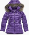 She'll stay warm while looking cool in this stylish Guess faux fur hooded parka.