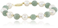 14k Yellow Gold Green Jade Bead and Freshwater Pearl Bracelet, 7.5 14k Yellow Gold Green Jade Bead and Freshwater Pearl Bracelet, 7.5
