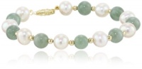 14k Yellow Gold Green Jade Bead and Freshwater Pearl Bracelet, 7.5