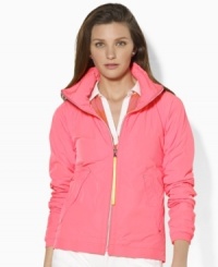Perfect for an early morning jog, Lauren by Ralph Lauren's microfiber Honor jacket is lightweight yet stylish in a bold hue. Perfect for an early morning jog, Lauren by Ralph Lauren's microfiber Honor jacket is lightweight yet stylish in a bold hue.