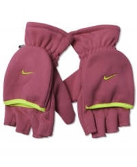These sporty style Nike gloves are convertible so she can easily go from mitten to fingerless glove. These sporty style Nike gloves are convertible so she can easily go from mitten to fingerless glove.