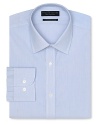 Dress shirt with spread collar, two button barrel cuffs and a contemporary fit through the body, with an allover blue stripe pattern.