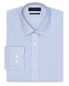 Dress shirt with spread collar, two button barrel cuffs and a contemporary fit through the body, with an allover blue stripe pattern.